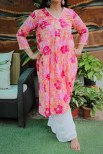 Dhoonki Peach & Pink Floral Cotton Kurta - Handcrafted Sustainable Ethnic Wear for Women