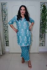 Dhoonki Teal Floral Cotton Kurta Set - Handcrafted Sustainable Ethnic Wear for Women