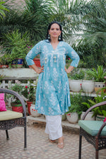 Dhoonki Aqua Blue Floral Cotton Kurta - Handcrafted Sustainable Ethnic Wear for Women