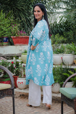Dhoonki Aqua Blue Floral Cotton Kurta - Handcrafted Sustainable Ethnic Wear for Women