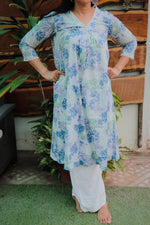 Dhoonki Blue & Green Floral Cotton Kurta - Handcrafted Sustainable Ethnic Wear for Women