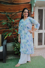Dhoonki Blue & Green Floral Cotton Kurta - Handcrafted Sustainable Ethnic Wear for Women