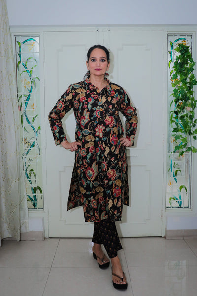 Dhoonki Black Floral Kurta Set - Elegant Cotton Ethnic Wear for Women