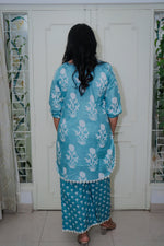 Dhoonki Teal Floral Cotton Kurta Set - Handcrafted Sustainable Ethnic Wear for Women