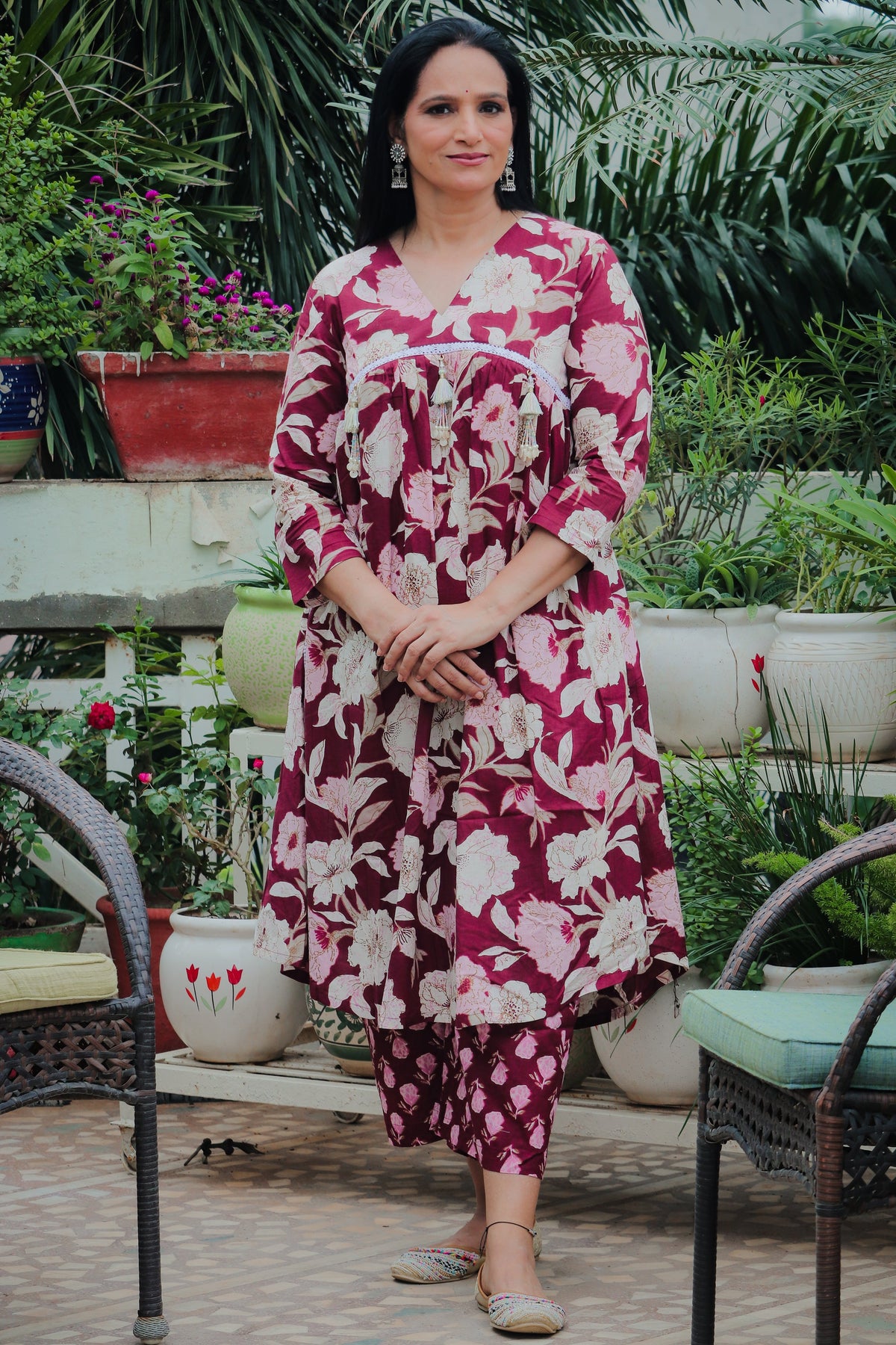 Dhoonki Maroon Floral Cotton Kurta Set for Women | Sustainable Printed Ethnic Wear Online India | Handcrafted Everyday & Festive Suit