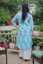 Dhoonki Aqua Blue Floral Cotton Kurta - Handcrafted Sustainable Ethnic Wear for Women