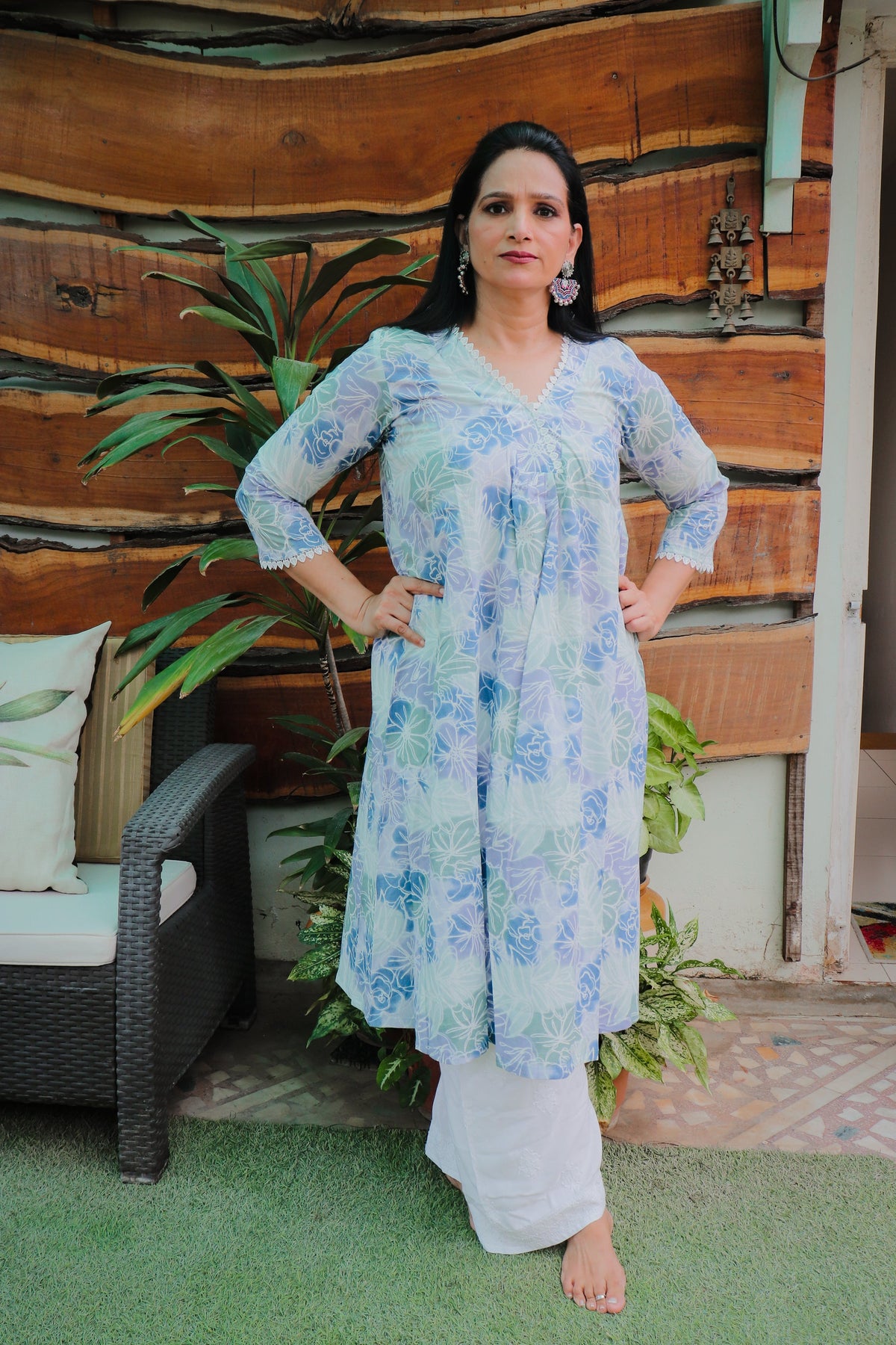 Dhoonki Blue & Green Floral Cotton Kurta - Handcrafted Sustainable Ethnic Wear for Women