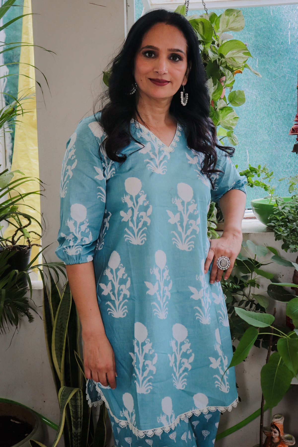 Dhoonki Teal Floral Cotton Kurta Set - Handcrafted Sustainable Ethnic Wear for Women